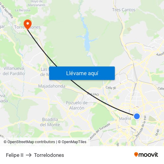 Felipe II to Torrelodones map