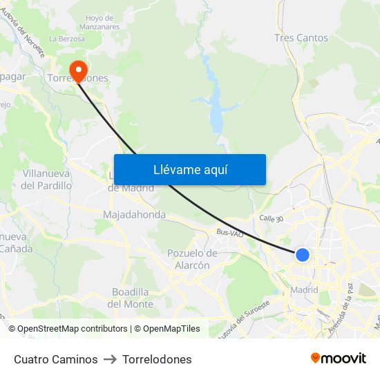 Cuatro Caminos to Torrelodones map