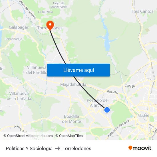 Políticas Y Sociología to Torrelodones map