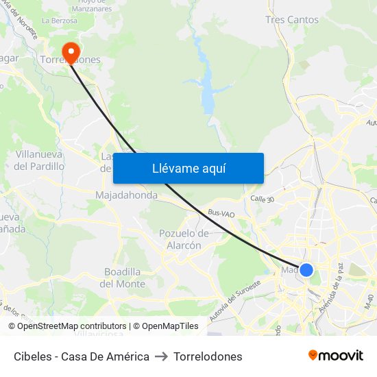 Cibeles - Casa De América to Torrelodones map