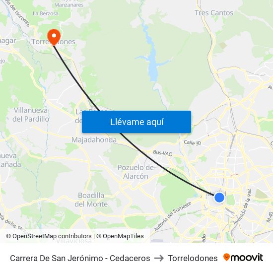 Carrera De San Jerónimo - Cedaceros to Torrelodones map