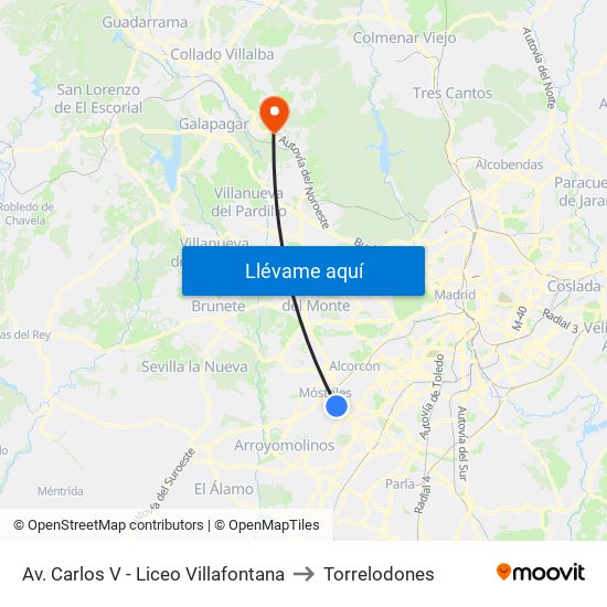 Av. Carlos V - Liceo Villafontana to Torrelodones map