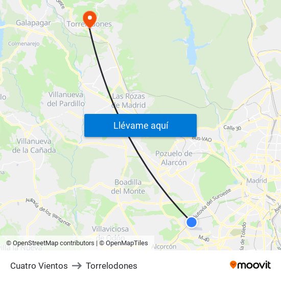 Cuatro Vientos to Torrelodones map