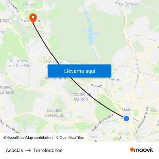 Acacias to Torrelodones map