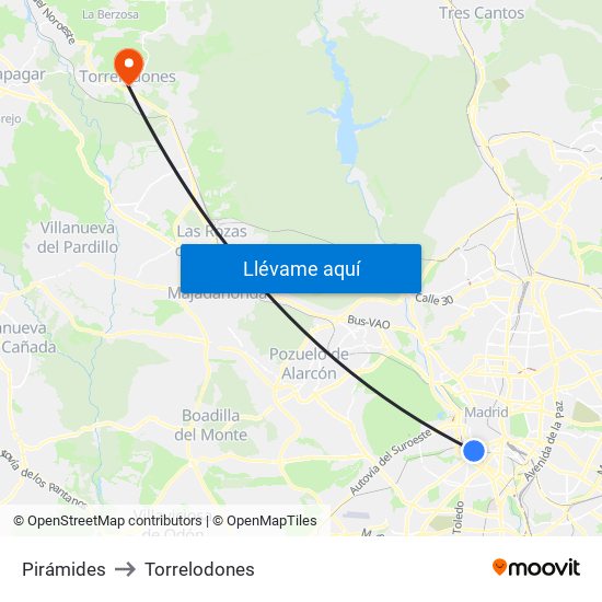Pirámides to Torrelodones map