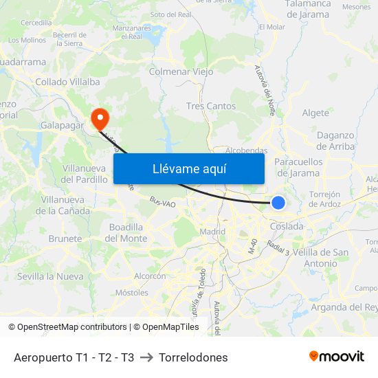 Aeropuerto T1 - T2 - T3 to Torrelodones map