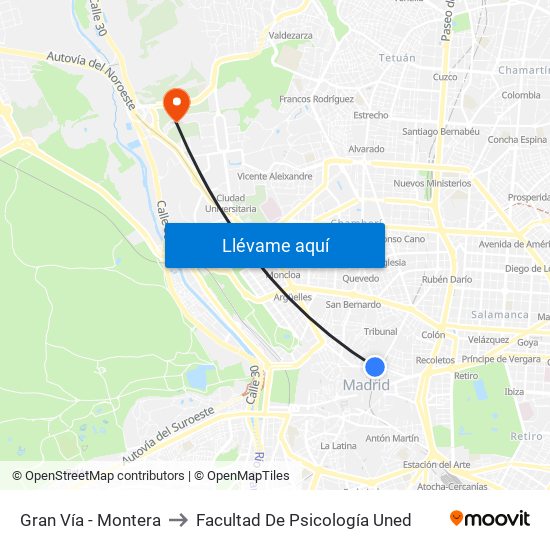 Gran Vía - Montera to Facultad De Psicología Uned map