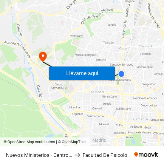 Nuevos Ministerios - Centro Comercial to Facultad De Psicología Uned map