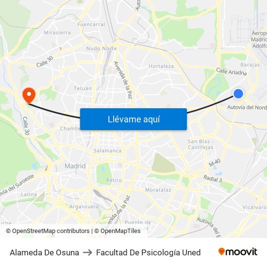 Alameda De Osuna to Facultad De Psicología Uned map