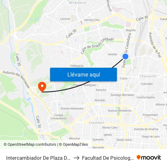 Intercambiador De Plaza De Castilla to Facultad De Psicología Uned map