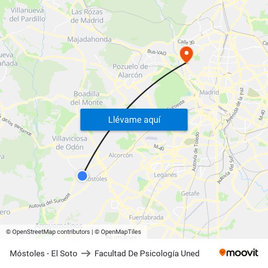 Móstoles - El Soto to Facultad De Psicología Uned map