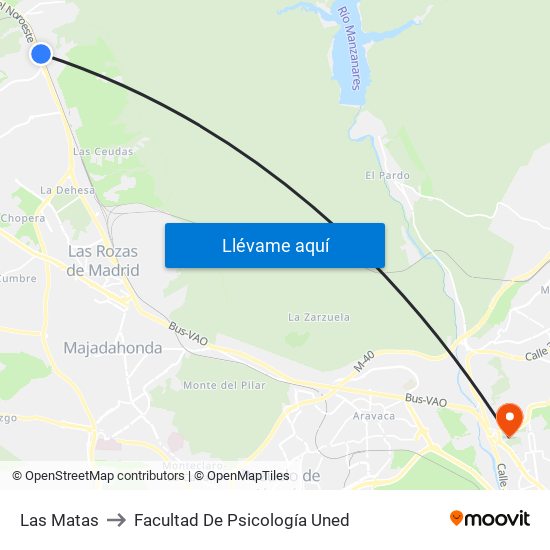 Las Matas to Facultad De Psicología Uned map