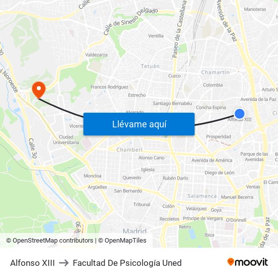 Alfonso XIII to Facultad De Psicología Uned map