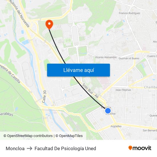 Moncloa to Facultad De Psicología Uned map