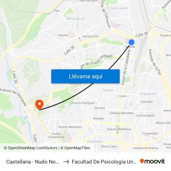 Castellana - Nudo Norte to Facultad De Psicología Uned map