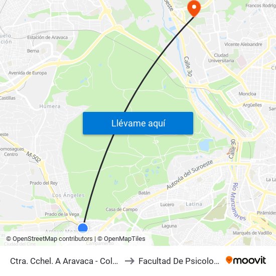 Ctra. Cchel. A Aravaca - Colonia Jardín to Facultad De Psicología Uned map