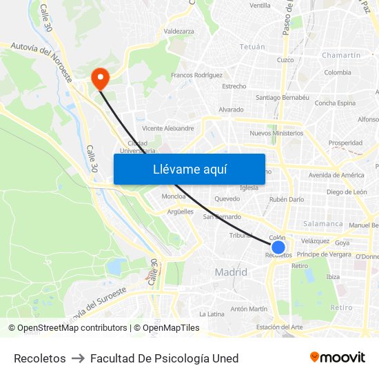 Recoletos to Facultad De Psicología Uned map