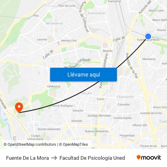 Fuente De La Mora to Facultad De Psicología Uned map