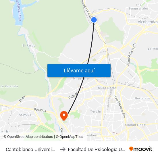 Cantoblanco Universidad to Facultad De Psicología Uned map