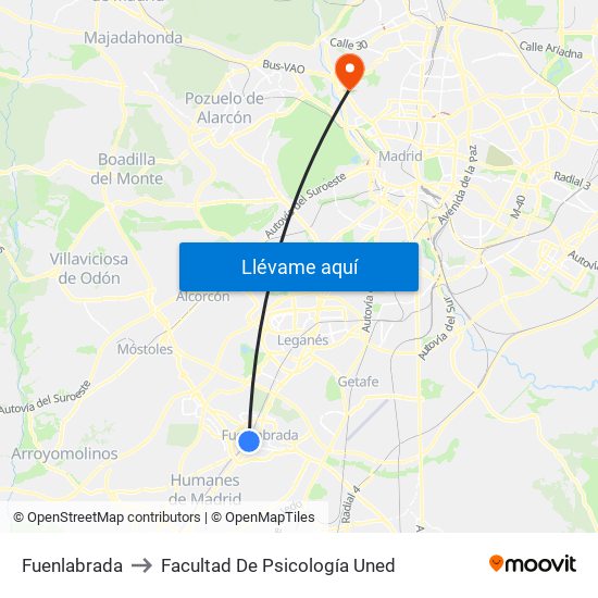 Fuenlabrada to Facultad De Psicología Uned map