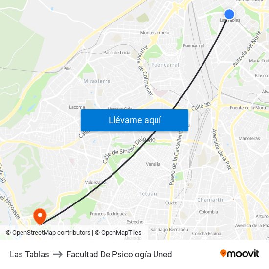 Las Tablas to Facultad De Psicología Uned map