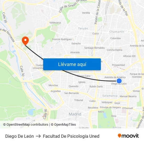 Diego De León to Facultad De Psicología Uned map