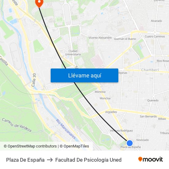 Plaza De España to Facultad De Psicología Uned map