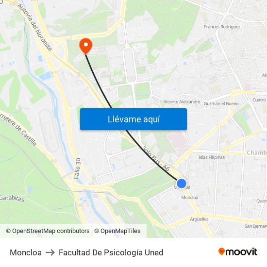 Moncloa to Facultad De Psicología Uned map