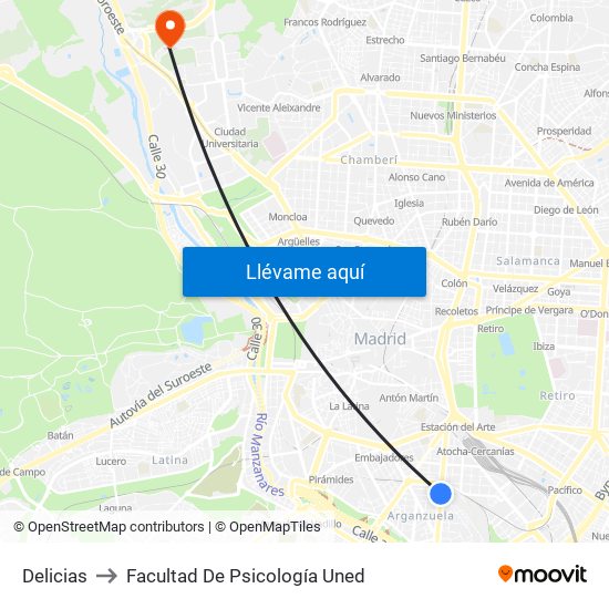 Delicias to Facultad De Psicología Uned map