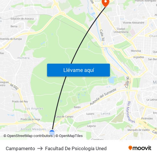 Campamento to Facultad De Psicología Uned map
