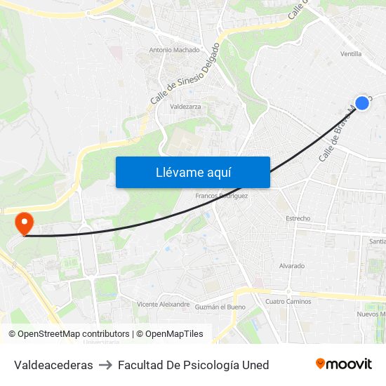 Valdeacederas to Facultad De Psicología Uned map