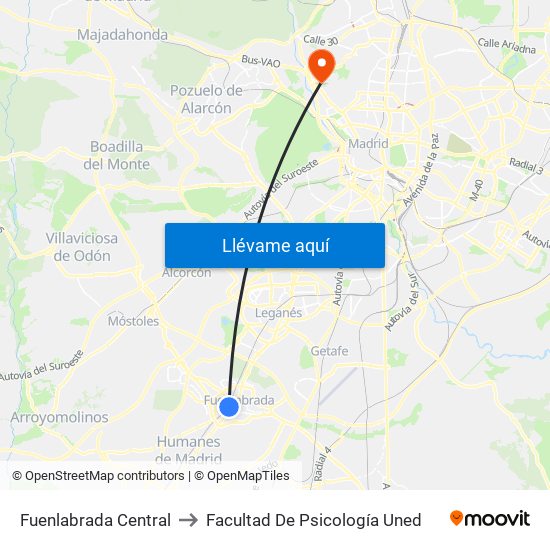 Fuenlabrada Central to Facultad De Psicología Uned map
