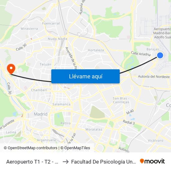 Aeropuerto T1 - T2 - T3 to Facultad De Psicología Uned map