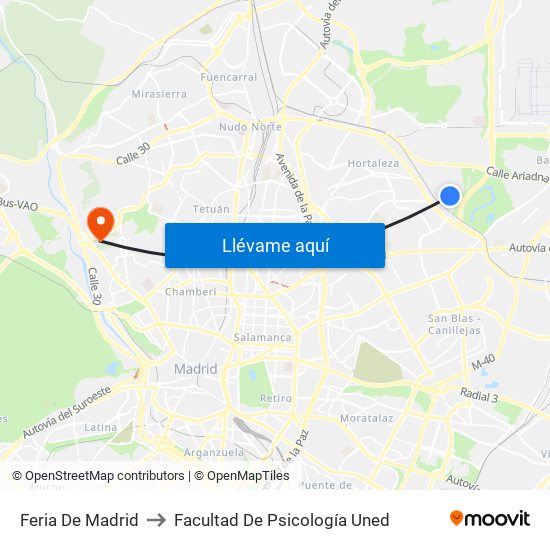 Feria De Madrid to Facultad De Psicología Uned map