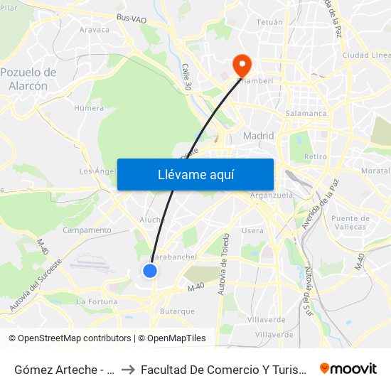 Gómez Arteche - Alzina to Facultad De Comercio Y Turismo (Ucm) map