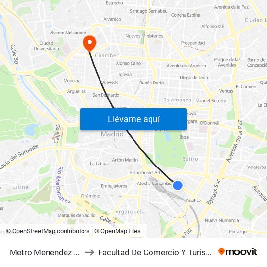 Metro Menéndez Pelayo to Facultad De Comercio Y Turismo (Ucm) map