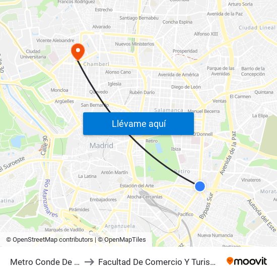Metro Conde De Casal to Facultad De Comercio Y Turismo (Ucm) map