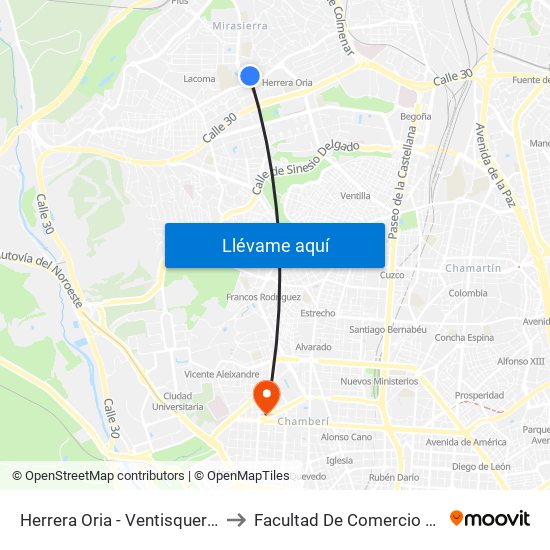 Herrera Oria - Ventisquero De La Condesa to Facultad De Comercio Y Turismo (Ucm) map