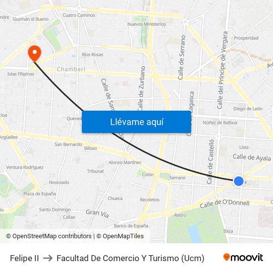 Felipe II to Facultad De Comercio Y Turismo (Ucm) map
