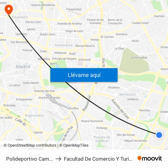 Polideportivo Campus Sur to Facultad De Comercio Y Turismo (Ucm) map