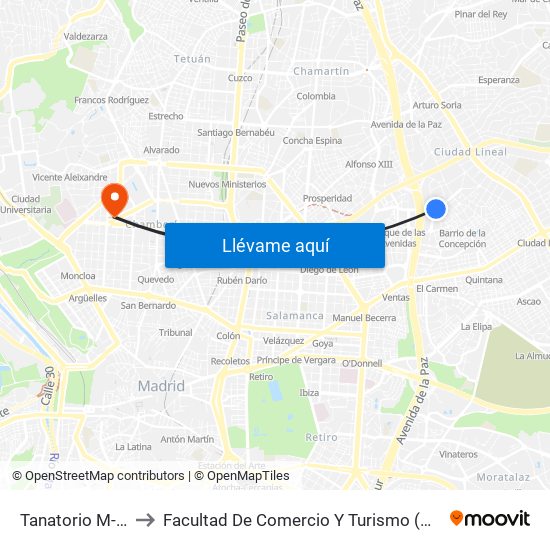 Tanatorio M-30 to Facultad De Comercio Y Turismo (Ucm) map