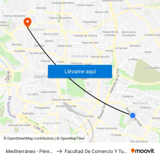 Mediterráneo - Pérez De Ayala to Facultad De Comercio Y Turismo (Ucm) map