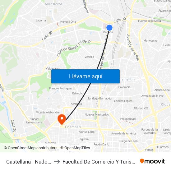 Castellana - Nudo Norte to Facultad De Comercio Y Turismo (Ucm) map