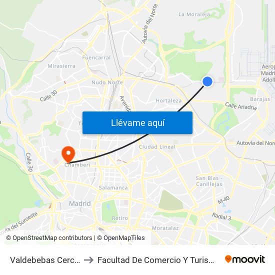 Valdebebas Cercanías to Facultad De Comercio Y Turismo (Ucm) map