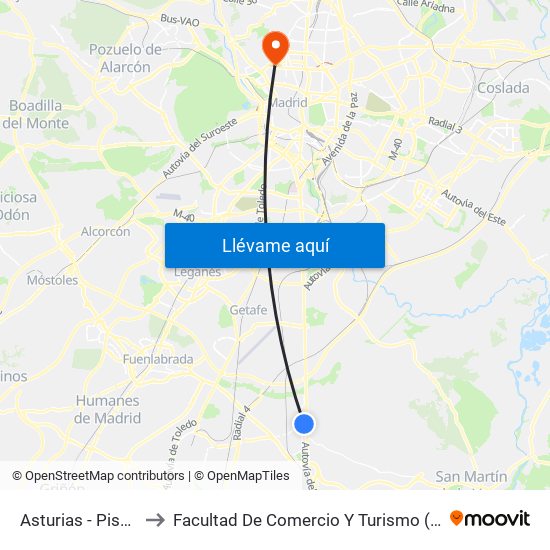 Asturias - Piscina to Facultad De Comercio Y Turismo (Ucm) map