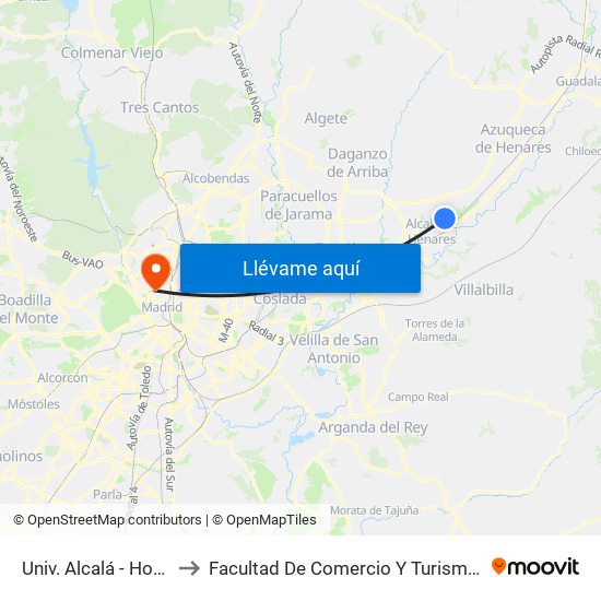 Univ. Alcalá - Hospital to Facultad De Comercio Y Turismo (Ucm) map