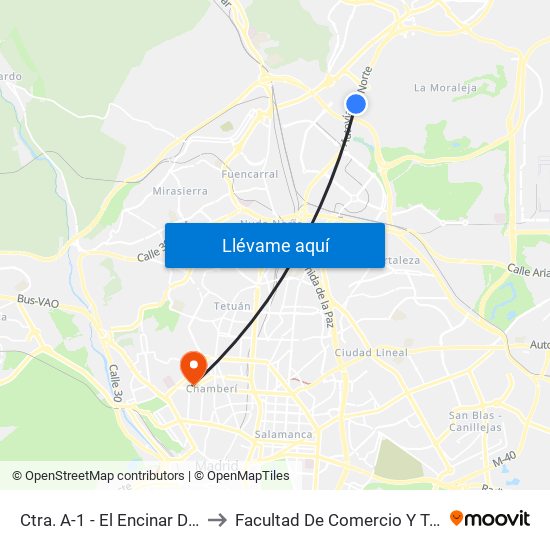 Ctra. A-1 - El Encinar De Los Reyes to Facultad De Comercio Y Turismo (Ucm) map