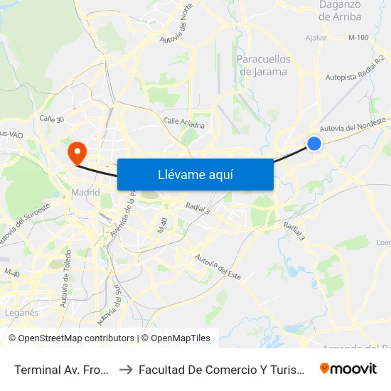 Terminal Av. Fronteras to Facultad De Comercio Y Turismo (Ucm) map