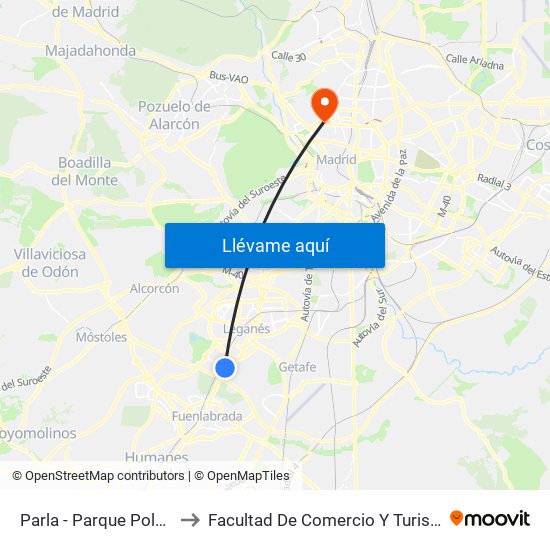 Parla - Parque Polvoranca to Facultad De Comercio Y Turismo (Ucm) map