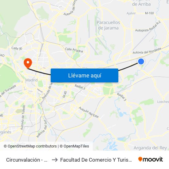 Circunvalación - Hierro to Facultad De Comercio Y Turismo (Ucm) map